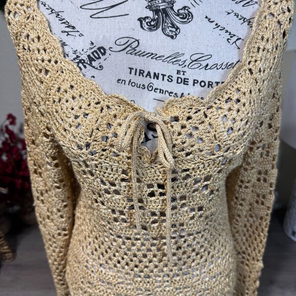 Vintage Crochet Tie Front Sweater Size M Bell Sleeve Y2k Boho Indie Festival - Picture 2 of 9